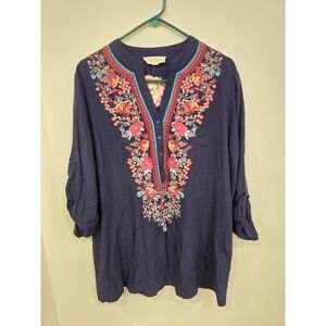 Luna Moon Anthropologie Blue Floral Embroidered Women's Tunic Size XLarge